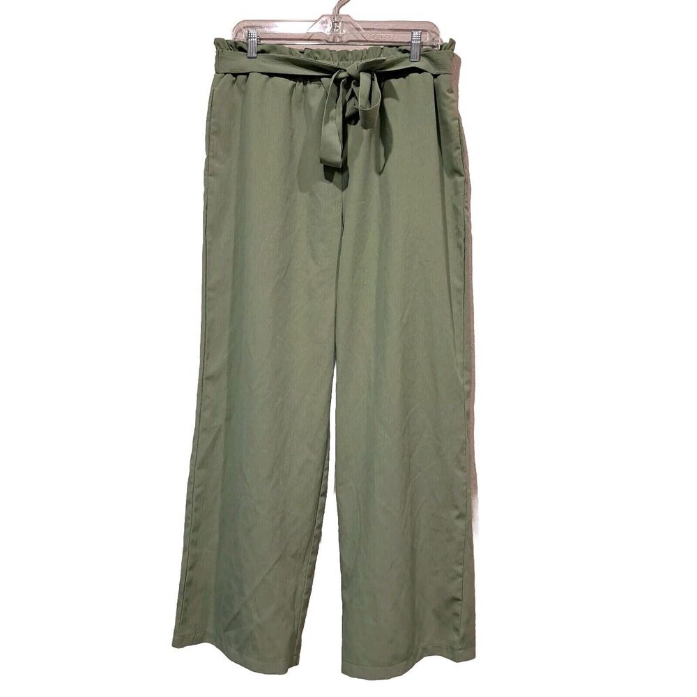 NiMin Womens Elastic Waist Wide Leg Pants Loose Trousers W/ Pockets Green Sz XL